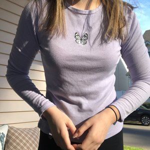 Lavender aesthetic butterfly print crew neck long sleeve